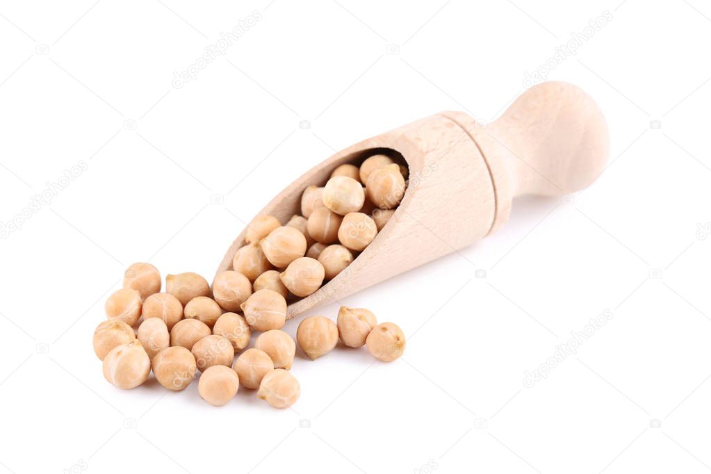 Chickpeas in wooden scoop isolated on white background