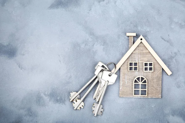 Silver keys with house symbol on grey background