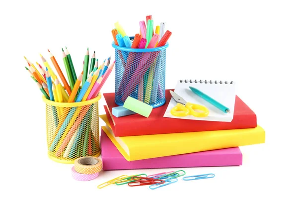 School supplies with books on white background — Stock Photo, Image