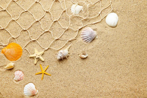 Seashells with fishing net on beach sand — Stock Photo, Image