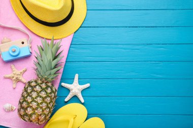 Mavi ahşap sekme üzerinde deniz kabukları ve ananas ile Moda giyim