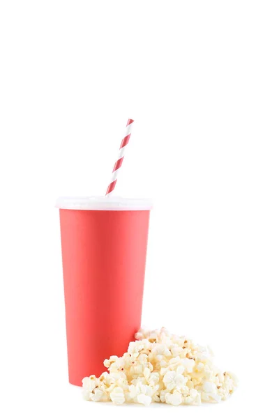 Red paper cup with popcorn isolated on white background — Stock Photo, Image