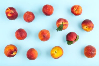 Mavi arka planda yeşil yapraklı taze şeftali