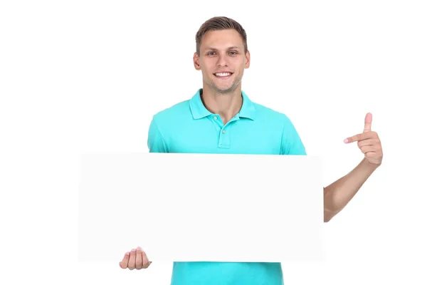 Jeune homme avec tableau blanc sur fond blanc — Photo