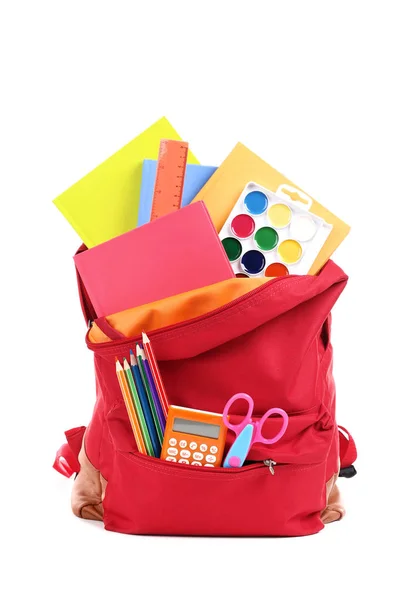 Backpack with school supplies isolated on white background — Stock Photo, Image