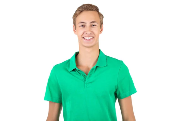 Retrato de jovem em camiseta verde isolado no backgro branco — Fotografia de Stock