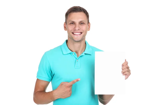 Young man with blank board on white background — Stock Photo, Image