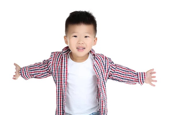 Schöner Junge in Modekleidung auf weißem Hintergrund — Stockfoto