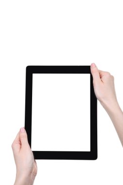 Beyaz arka plan üzerinde izole kadın elinde tablet bilgisayar