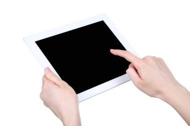 Beyaz arka plan üzerinde izole kadın elinde tablet bilgisayar