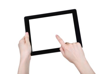 Beyaz arka plan üzerinde izole kadın elinde tablet bilgisayar