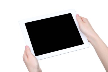 Beyaz arka plan üzerinde izole kadın elinde tablet bilgisayar