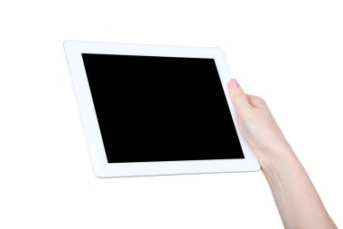 Beyaz arka planda izole kadın elinde Tablet bilgisayar