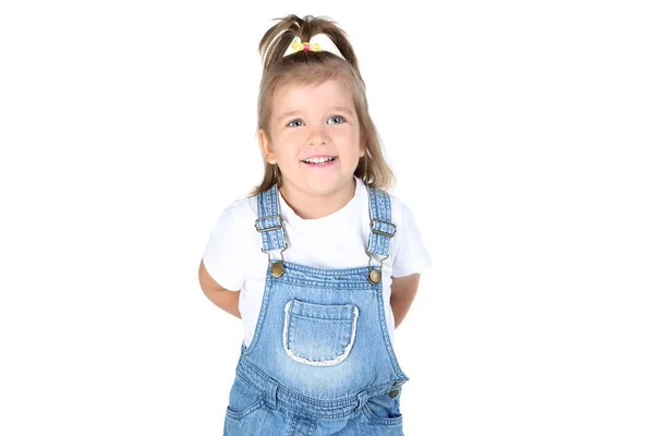 Мила маленька дівчинка на білому тлі — стокове фото