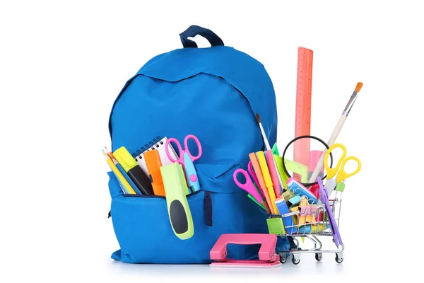 School supplies with blue backpack on white background — Stock Photo, Image