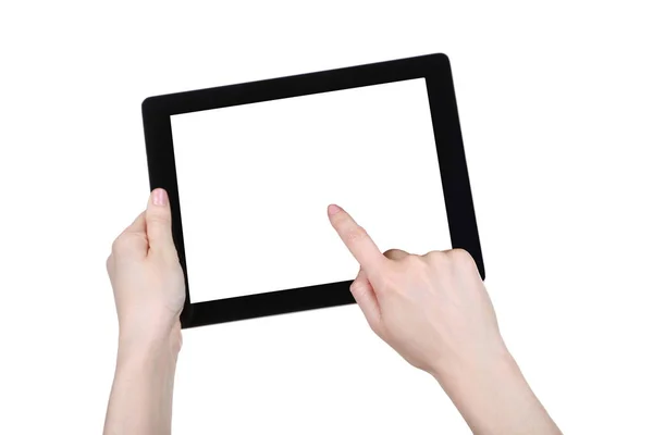 Tablet computador em mãos femininas isolado no fundo branco — Fotografia de Stock