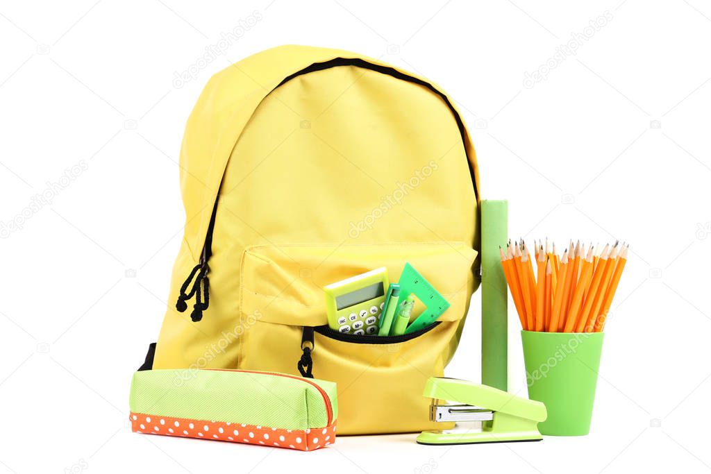 Backpack with school supplies isolated on white background