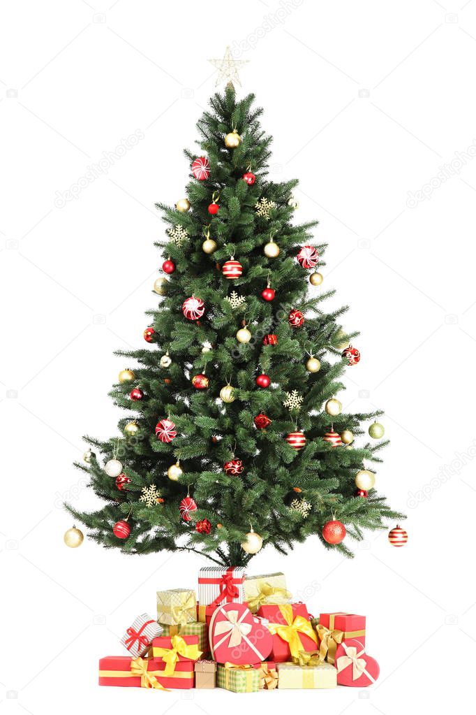 Christmas tree with decorations and gift boxes isolated on white background