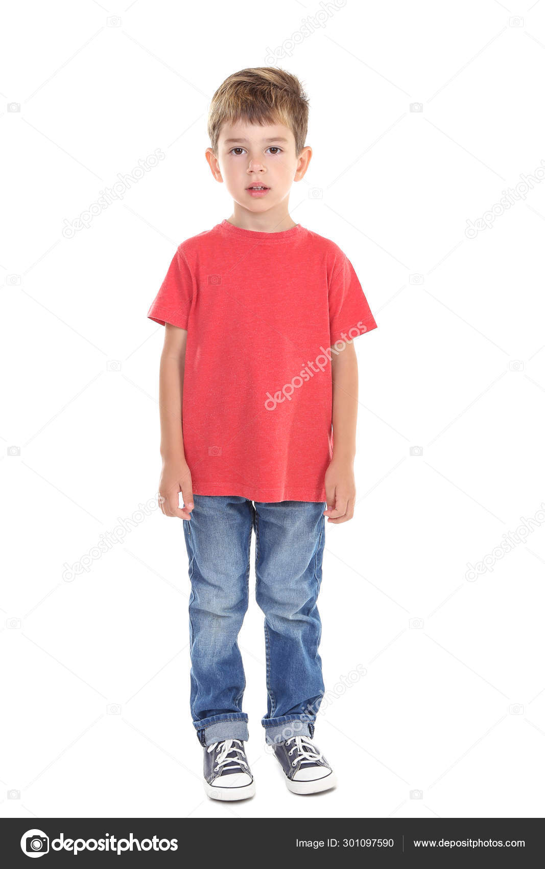 Little boy in red t-shirt on white background Stock Photo by ©5seconds