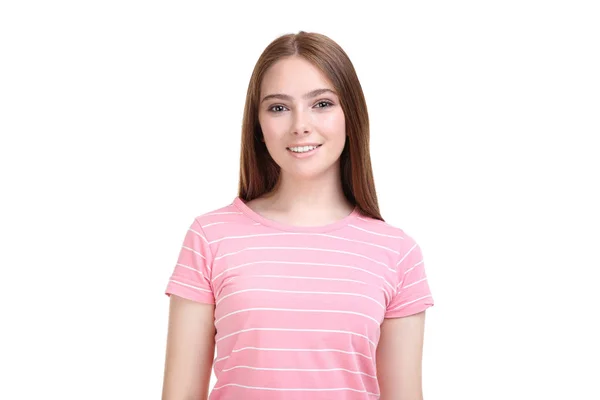 Giovane donna in t-shirt rosa su sfondo bianco — Foto Stock