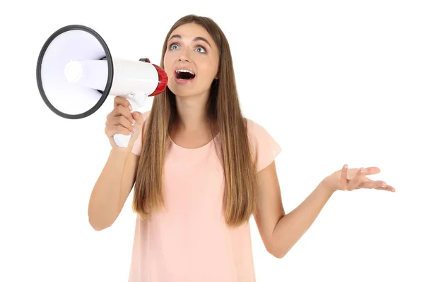 Ung kvinna med megafon på vit bakgrund — Stockfoto