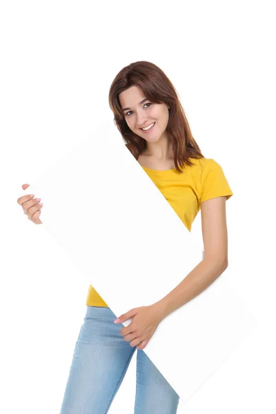 Young woman with blank board on white background — Stock Photo, Image