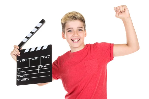 Młody chłopak z deska Clapper izolowane na białym tle — Zdjęcie stockowe