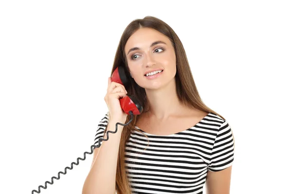 Mujer joven con auricular sobre fondo blanco —  Fotos de Stock