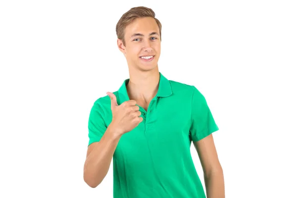 穿绿色T恤的年轻人的肖像，孤立于白色后沟 — 图库照片