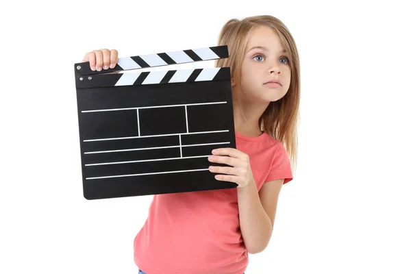 Klein meisje met klepel bord geïsoleerd op witte achtergrond — Stockfoto