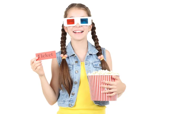 Красива молода дівчина в 3d окулярах з попкорном у відро і во — стокове фото