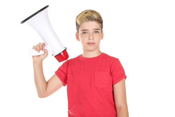 Мальчик с мегафоном на белом фоне — стоковое фото