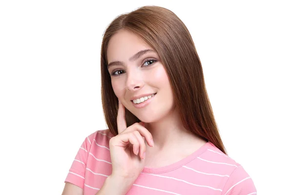 Young woman in pink t-shirt on white background — Stock Photo, Image