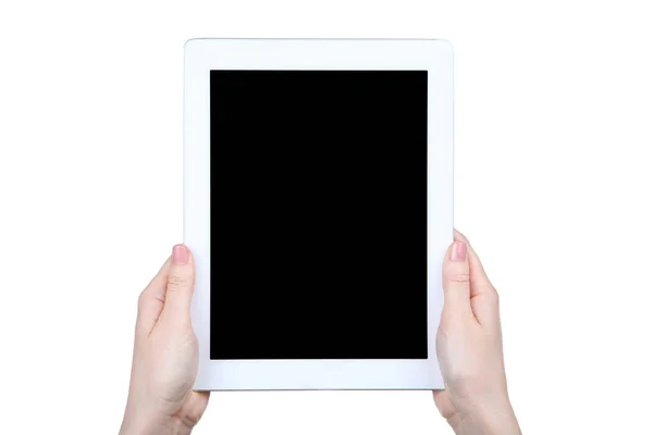 Tablet ordenador en manos femeninas aisladas sobre fondo blanco — Foto de Stock