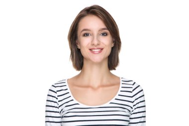 Beyaz arka planda izole edilmiş genç bir kadın