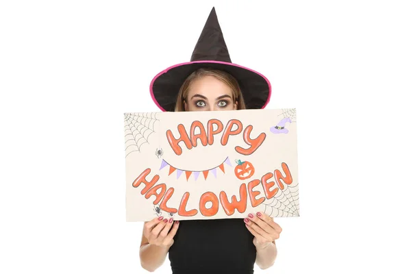 Beautiful woman in black costume with text Happy Halloween on wh — Stock Photo, Image