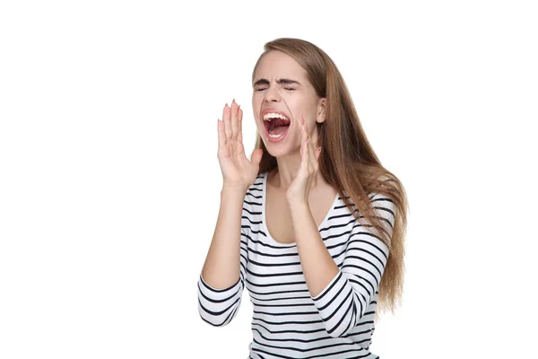 Young beautiful girl screaming on white background — Stock Photo, Image