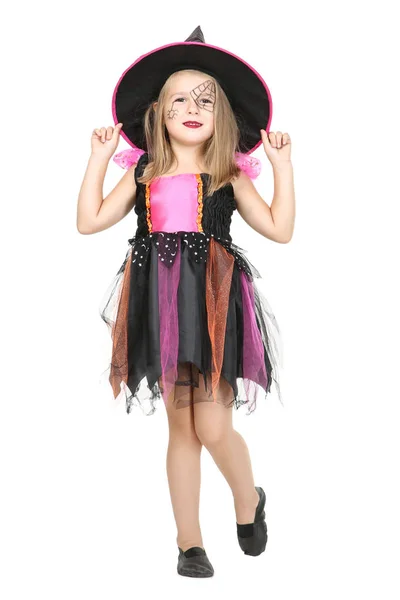 Mladá dívka v halloween kostýmu na bílém pozadí — Stock fotografie