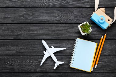 Not defteri, kalem, kamera oyuncağı ve yeşil bitkisi olan uçak modeli