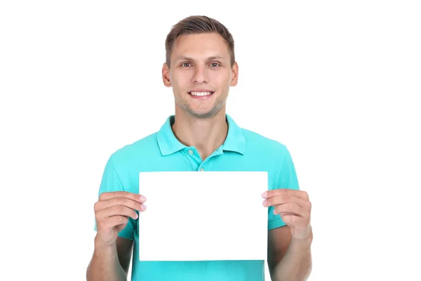 Junger Mann mit leerem Brett auf weißem Hintergrund — Stockfoto