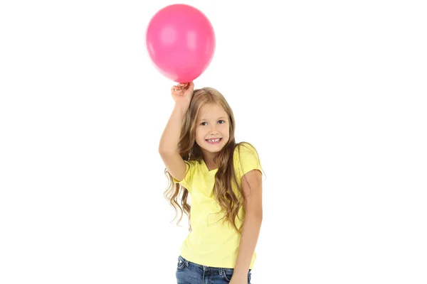 Söt liten flicka med rosa ballong på vit bakgrund — Stockfoto