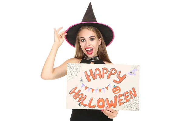 Beautiful woman in black costume with text Happy Halloween on wh — Stock Photo, Image