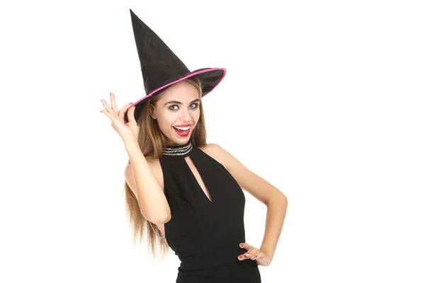 Mulher bonita em traje de Halloween no fundo branco — Fotografia de Stock