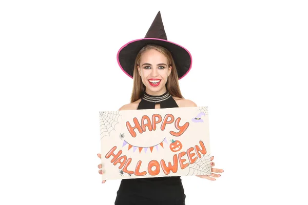 Piękna kobieta w czarnym stroju z tekstem Happy Halloween na wh — Zdjęcie stockowe
