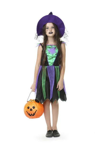 Hermosa chica en traje de halloween con cubo de calabaza en blanco — Foto de Stock