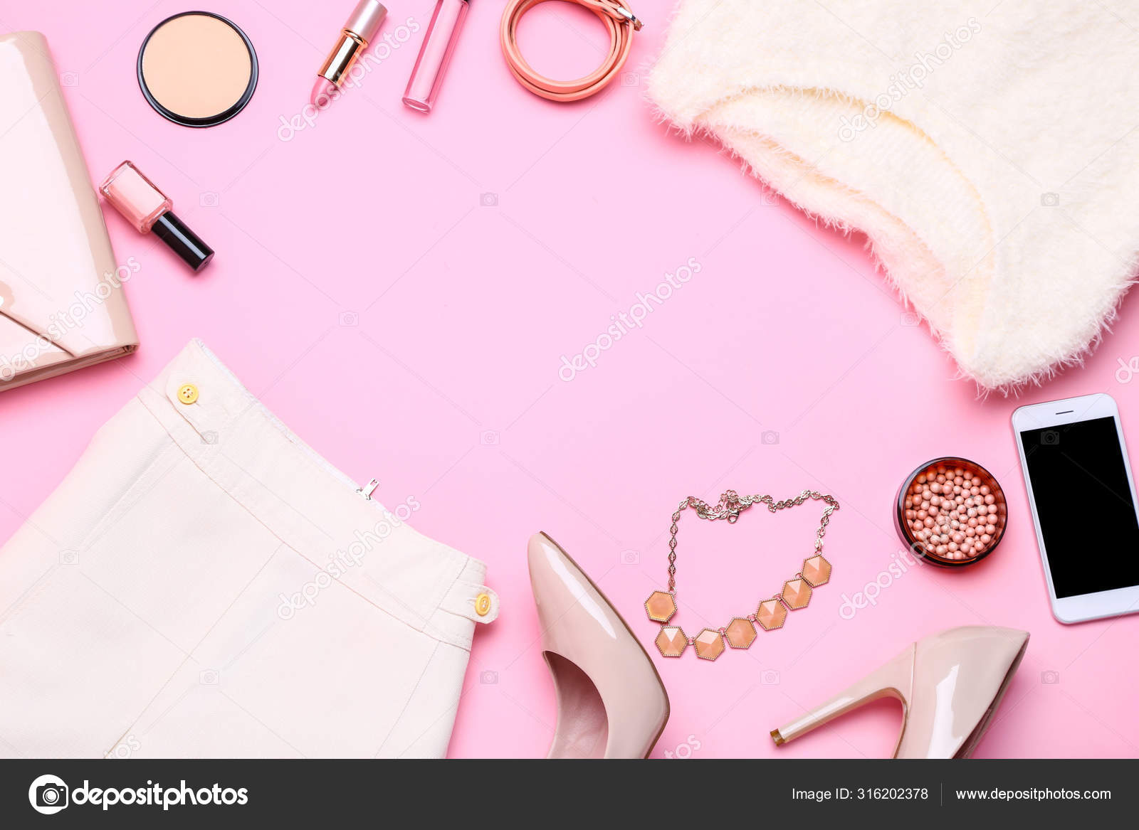Stylish women's clothes with cosmetics on pink background Stock Photo by  ©5seconds 316202378
