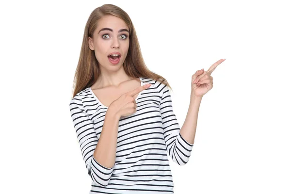 Jong mooi meisje tonen vingers op witte achtergrond — Stockfoto