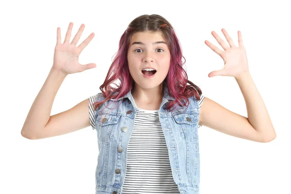 Menina bonita mostrando palmas das mãos no fundo branco — Fotografia de Stock