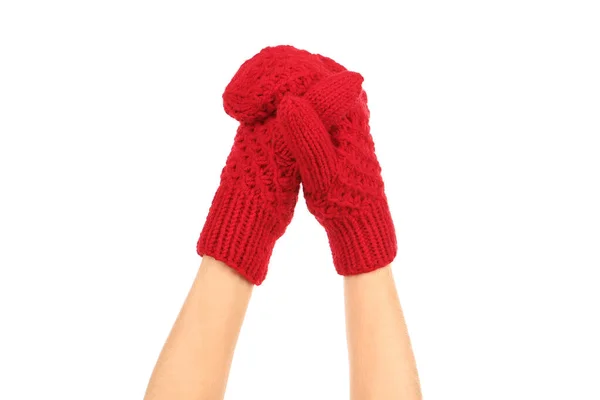 Hands in knitted mittens on white background — Stock Photo, Image