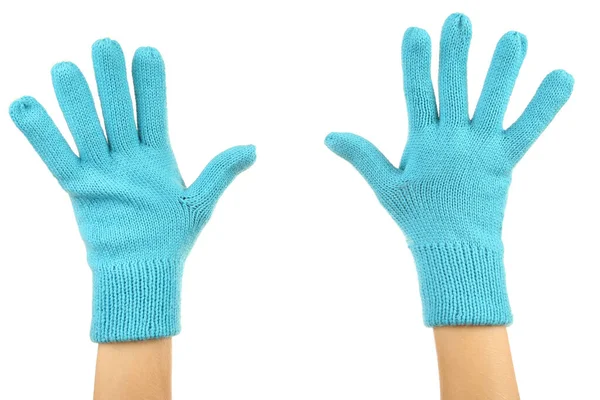 Χέρια σε πλεκτά γάντια σε λευκό φόντο — Φωτογραφία Αρχείου